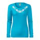 Hímzett, matyó mintás női, hosszúujjú türkizkék póló fehér mintával L