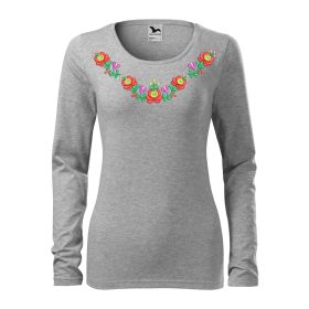   Hímzett, matyó mintás női, hosszúujjú világos szürke póló színes mintával XS