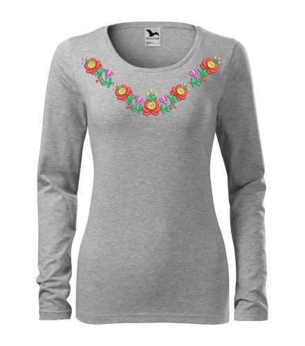 Hímzett, matyó mintás női, hosszúujjú világos szürke póló színes mintával L