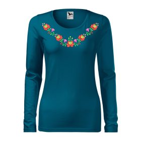   Hímzett, matyó mintás női, hosszúujjú petrolkék póló színes mintával XS