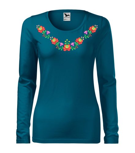 Hímzett, matyó mintás női, hosszúujjú petrolkék póló színes mintával XS