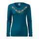 Hímzett, matyó mintás női, hosszúujjú petrolkék póló színes mintával XS