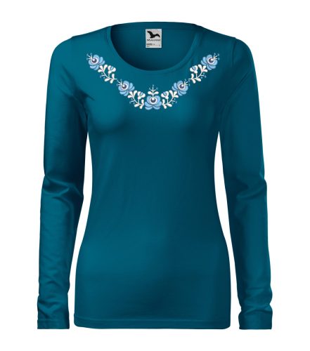 Hímzett, matyó mintás női, hosszúujjú petrolkék póló kék-fehér mintával S