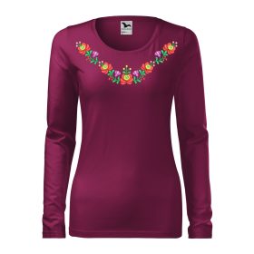   Hímzett, matyó mintás női, hosszúujjú bíbor póló színes mintával XS