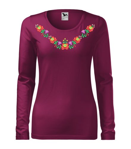 Hímzett, matyó mintás női, hosszúujjú bíbor póló színes mintával L