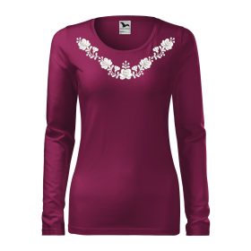   Hímzett, matyó mintás női, hosszúujjú bíbor póló fehér mintával XS