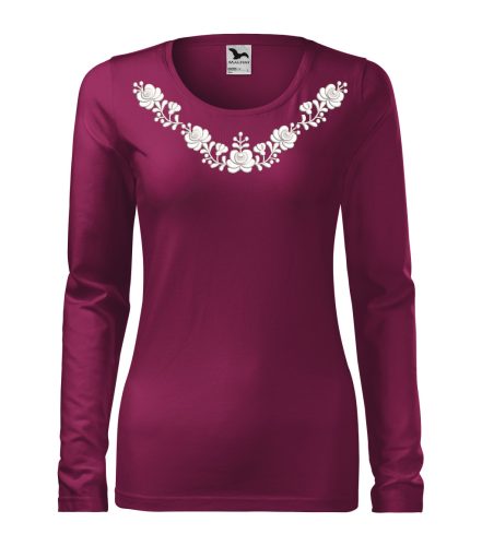 Hímzett, matyó mintás női, hosszúujjú bíbor póló fehér mintával S