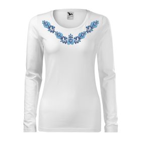   Hímzett, matyó mintás női, hosszúujjú fehér póló kék-fehér mintával XS
