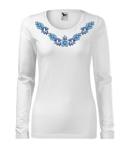 Hímzett matyó mintás női hosszú ujjú fehér póló kék-fehér mintával, magyaros ajándékötlet XL