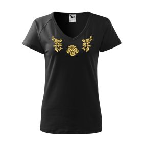   "V" nyakú hímzett magyaros póló, női fekete óarany mintával XS