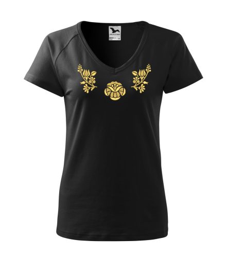 "V" nyakú hímzett magyaros póló, női fekete óarany mintával 2XL