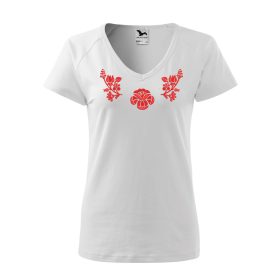   "V" nyakú hímzett magyaros póló, női fehér piros mintával XS