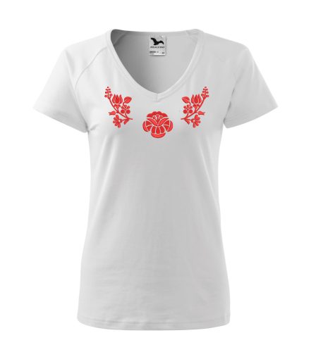 "V" nyakú hímzett magyaros póló, női fehér piros mintával 3XL